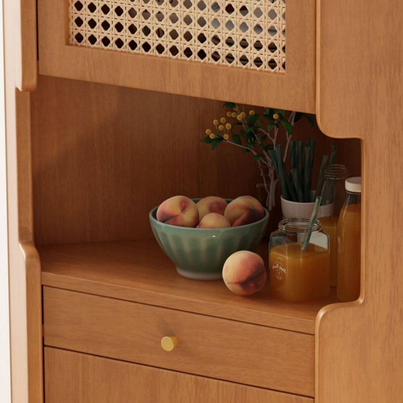 "Modern Simple Style Utility Storage Cabinet with Changeable Shelf, Drawer, Nook Shape, Pull Knobs, Natural Top, and Hutch, Natural, Rattan-Weaved Door, 17"L x 17"W x 63"H"