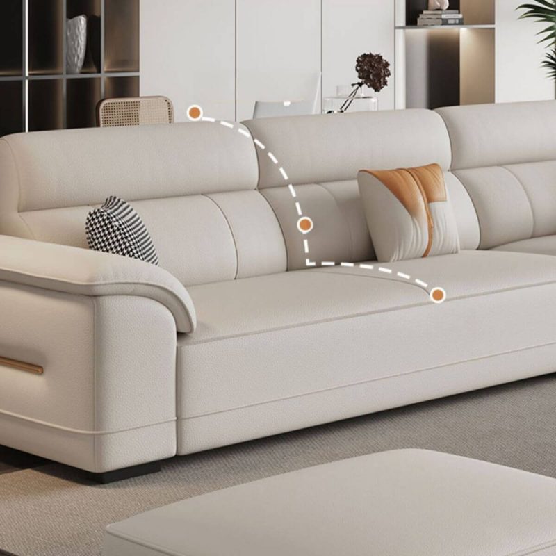 "Deluxe Off-White Artificial Leather Standard Sofa with 4 Pillows, 110"L x 37"W x 33"H, Latex & Sponge"