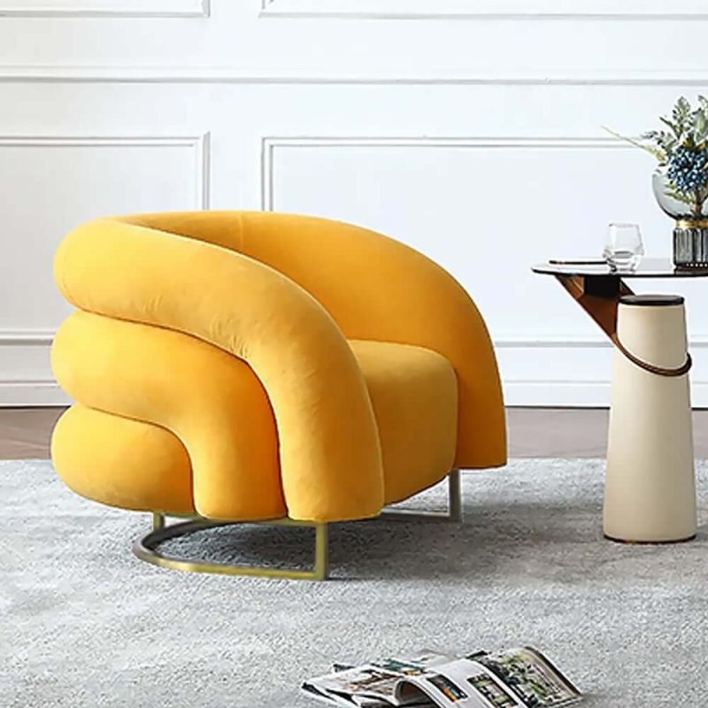 "Creative & Modern Yellow Solid Wood & Velvet Accent Chair with Metal Base"