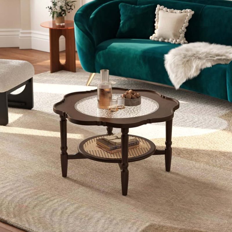 "31.5" Walnut Glass Top Wood Rattan 2-Tiered Coffee Table 	"