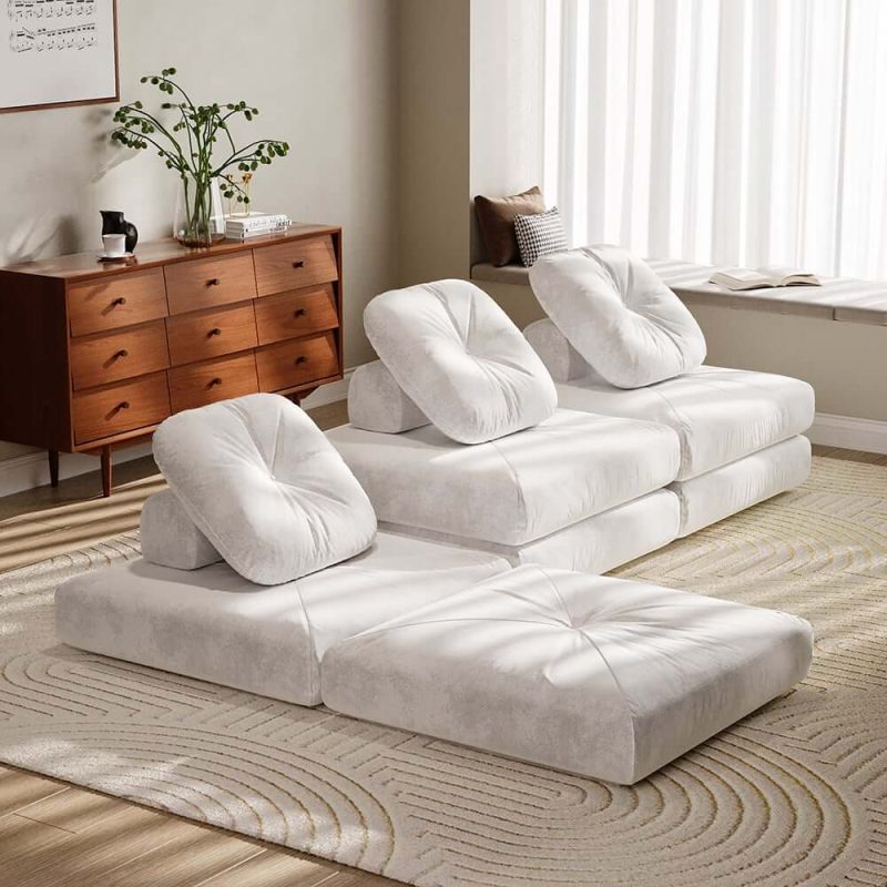 "White Cloud Modular Sectional Convertible 3-Seater Sofa Velvet Upholstered with Pillows"