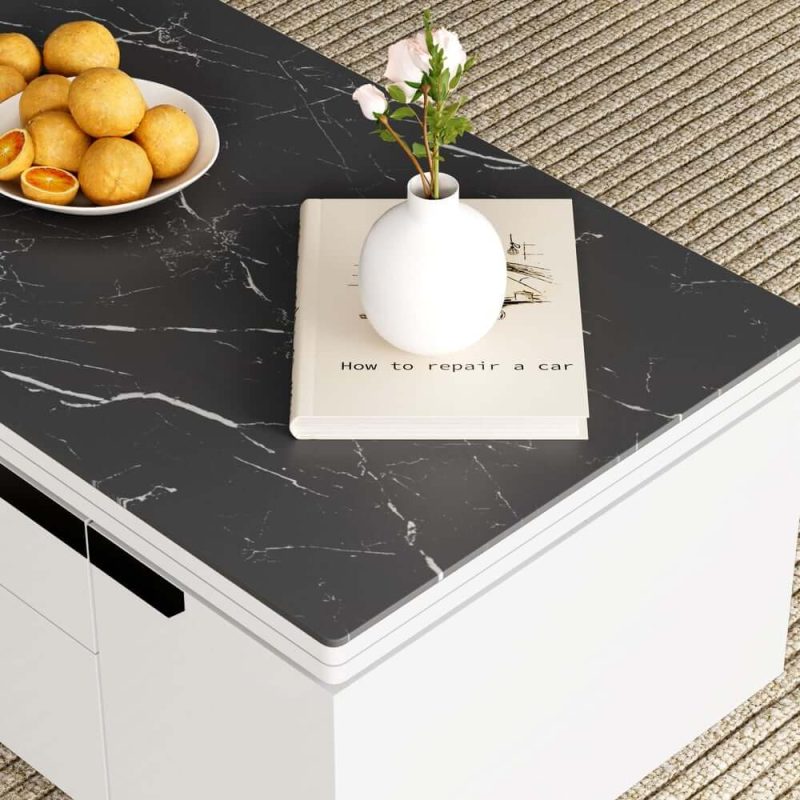 "Modern White Lift Top Marble Coffee Table with Drawers & Storage Multifunction Table"