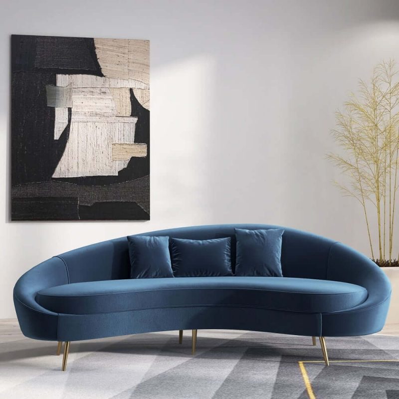 "Modern 95" Blue Velvet Curved 3 Seaters Sofa for Living Room"