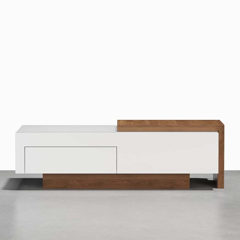 "White & Walnut Extendable Rectangle Coffee Table with Drawer & Sliding Storage"