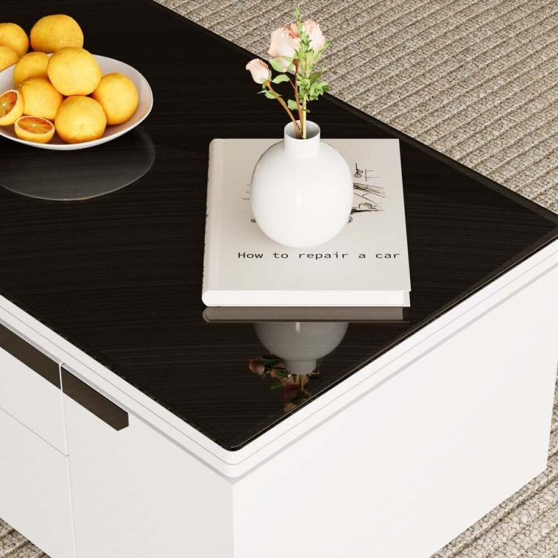 "Modern White Lift Top Glass Coffee Table with Drawers & Storage Multifunction Table"