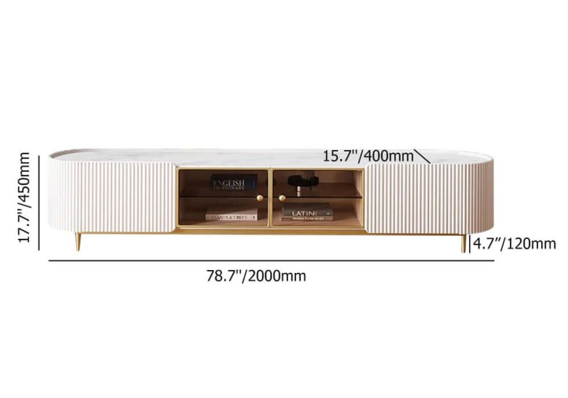 "Dimension of Palley Modern Oval TV Stand with Storage & Glass Doors in White for TV Up to 85 Inch"
