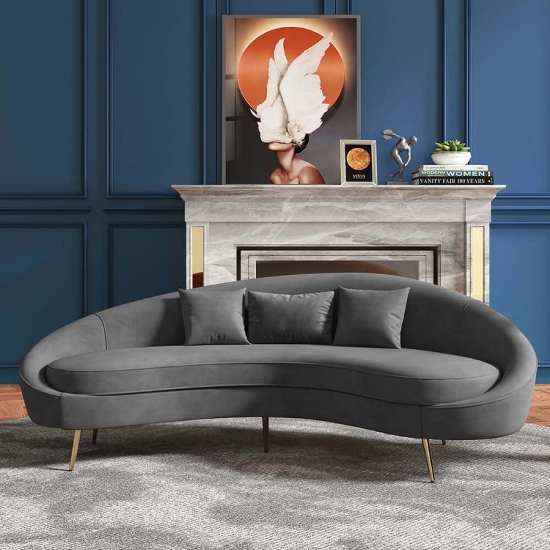 "83" Modern Gray Velvet 3-Seater Curved Sofa for Living Room with Gold Legs"
