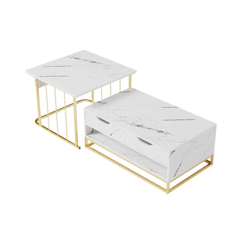 "Rectangle 2-Piece Nesting Set White Coffee Table with Metal Base and Storage"