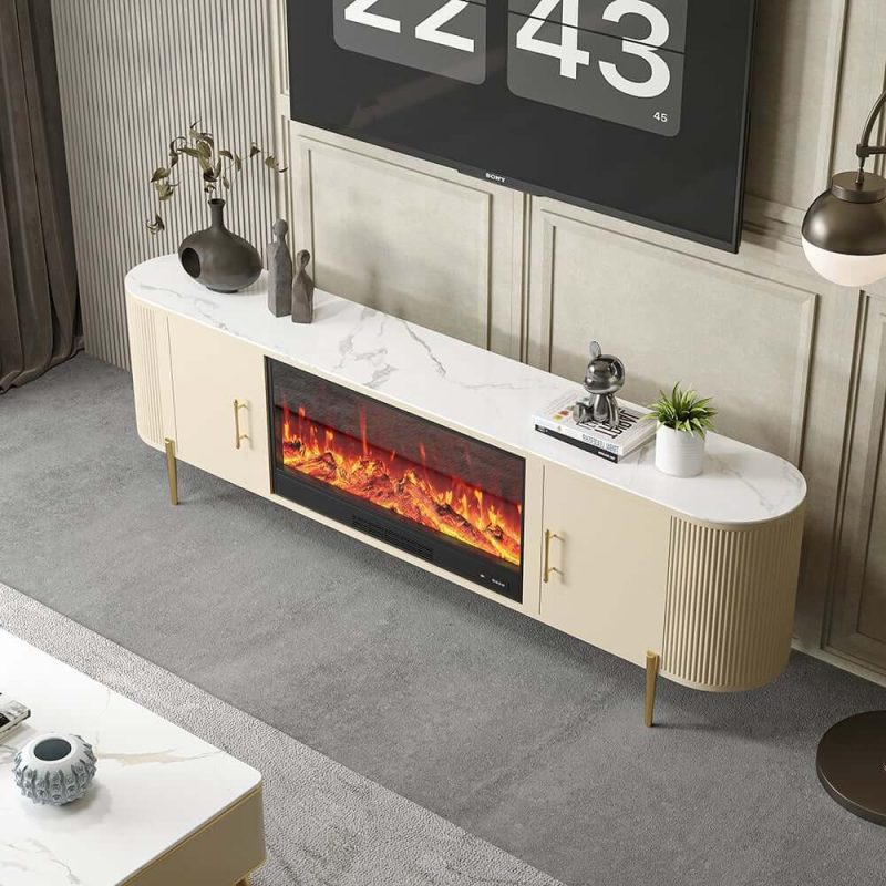 "87" Sintered Stone Top Electric Fireplace TV Stand with Remote Control and Storage"