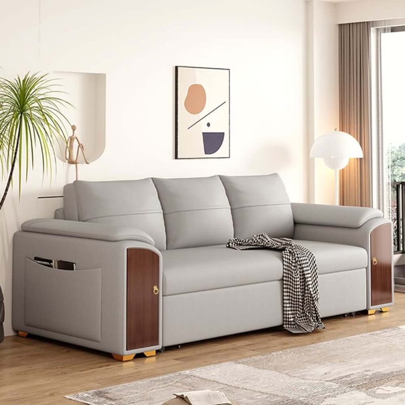 "94.5" Gray Pull Out Sofa Bed Convertible Leath-Aire Sleeper with Lift-top Coffee Table"