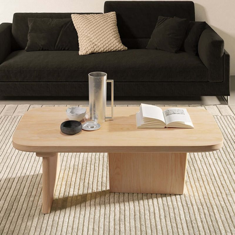 "47.2" Pine Wood Coffee Table Rectangle-shaped in Natural with Abstract Base"