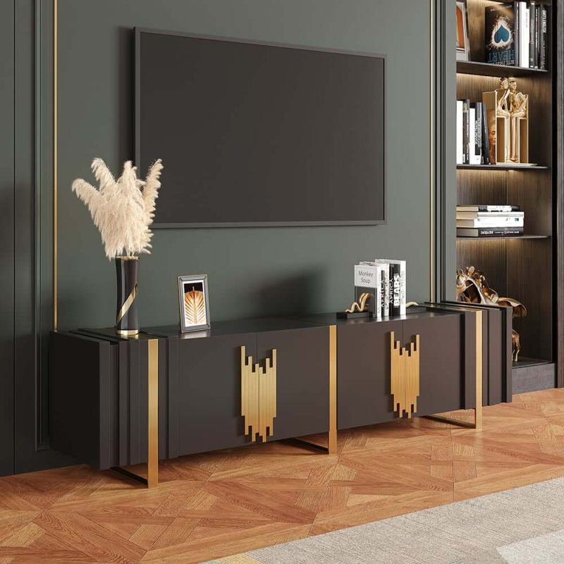 "Aurea 78.7" Light Luxury TV Stand Black Rectangular with 4 Doors & 2 Shelves in Gold"