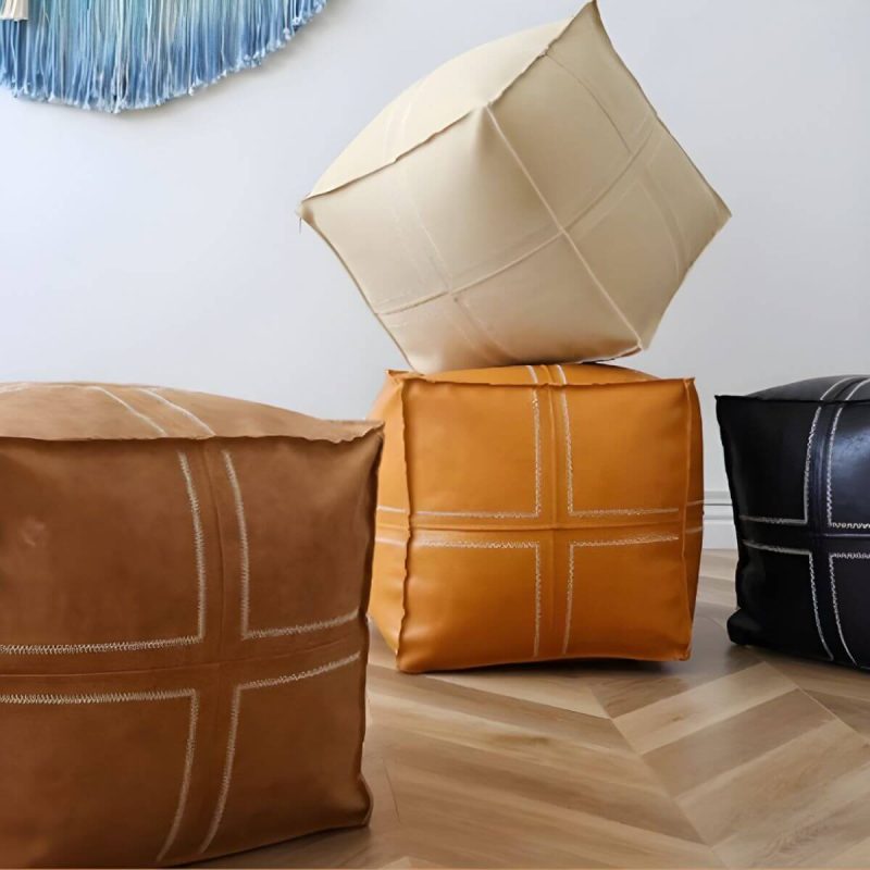 "Geometric Genuine Leather Square Pouf Ottoman for Modern Style - Removable Cushion Cover Included - Croci 2 Piece Set"