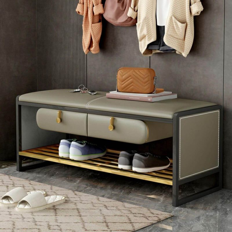 "Glam Faux Leather Rectangle Ottoman with Storage - Black Legs - 47"L x 16"W x 18"H Gray/ Khaki"