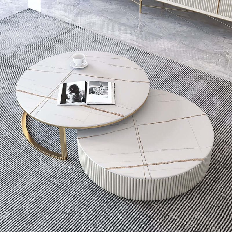 "Round 2-Piece Nesting Set Sintered Stone Top Beige Coffee Table with Drawer"