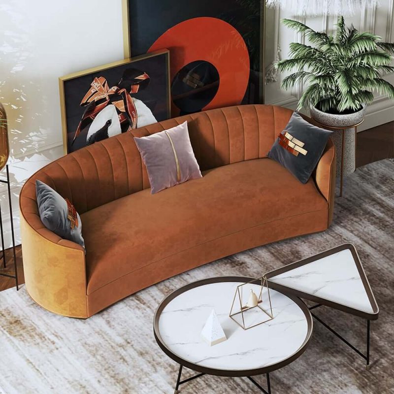 "70.9" Modern Velvet Couch Curved Sofa in Orange with Stainless Steel Base"
