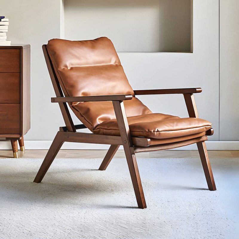 "Comfortable and Stylish Recliner Chair with Removable Cushions and Wood Legs - Sponge Leathaire Deck Chair Brown"