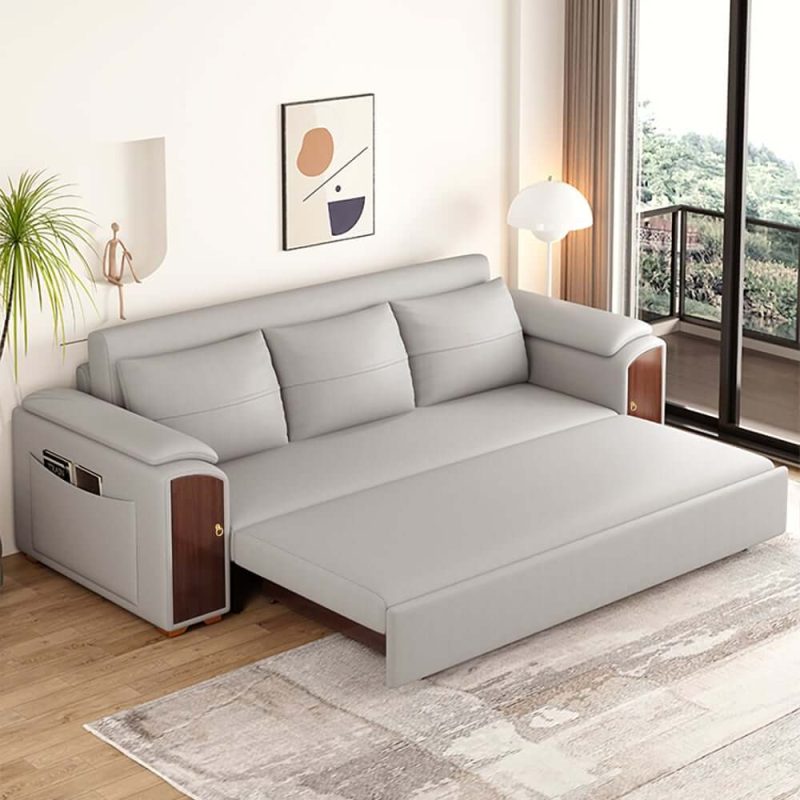 "94.5" Gray Pull Out Sofa Bed Convertible Leath-Aire Sleeper with Lift-top Coffee Table"