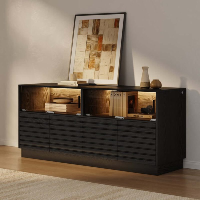 "Lumoe Modern Black Rectangular Acrylic LED Lights TV Stand with Storage Media Console"