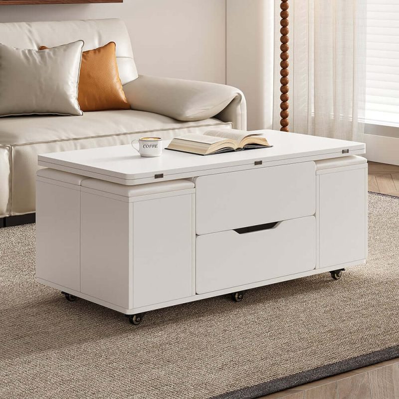 "39" Lift-Top Foldable Coffee Table with 4 Stools & Storage"