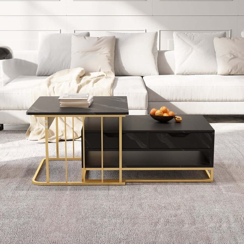 "Modern Nesting Coffee Table Set of 2 in Black with Drawers & Shelves"