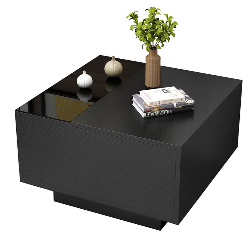 "23.6" Modern Black Wood Sqaure End Table with Storage"