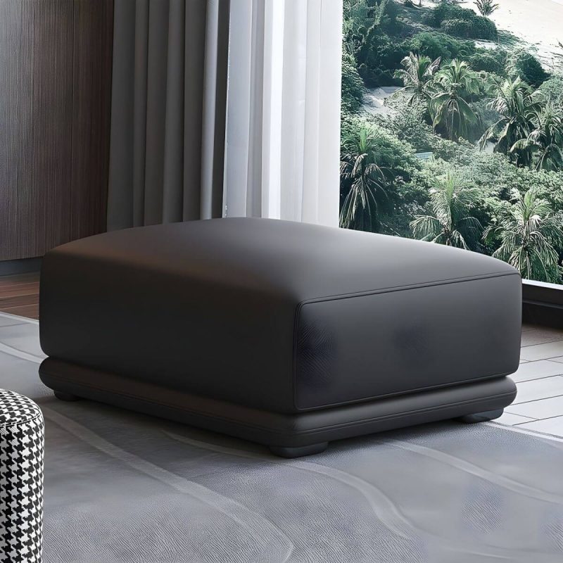 "Genuine Leather Foot Stool in Solid Wood Contemporary Style Indoor - 1 Piece Black 35"L x 28"W x 16"H"