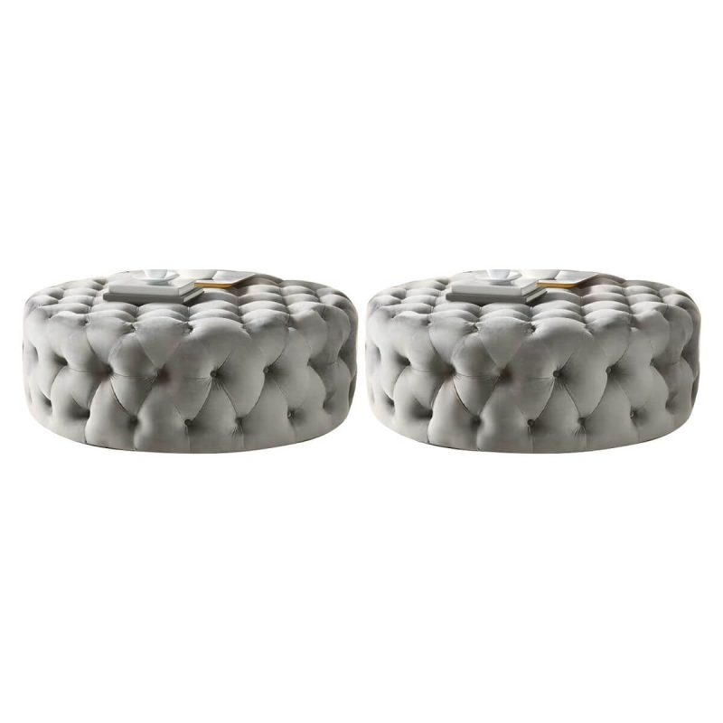 "Indoor Solid Color Contemporary Round Fabric Upholstered Tufted Cocktail - 2 Piece Set 39.5"L x 39.5"W x 16.5"H Light Gray"