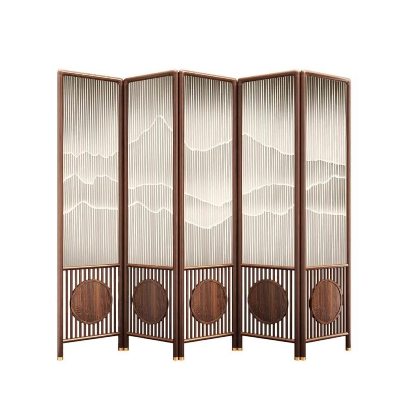 "Victorian Walnut Cocoa Opaque Fold-up Room Screen with 5 Panels and Double Sided Print"