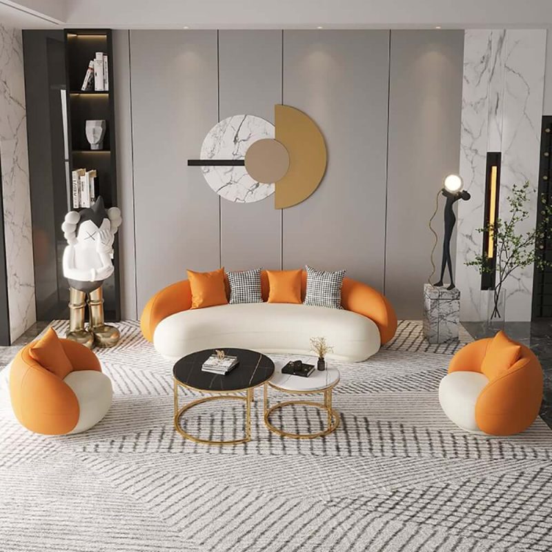 "Modern Leather Upholstered Sofa 3-Seater Sofa 82.7" Orange&White Sofa"