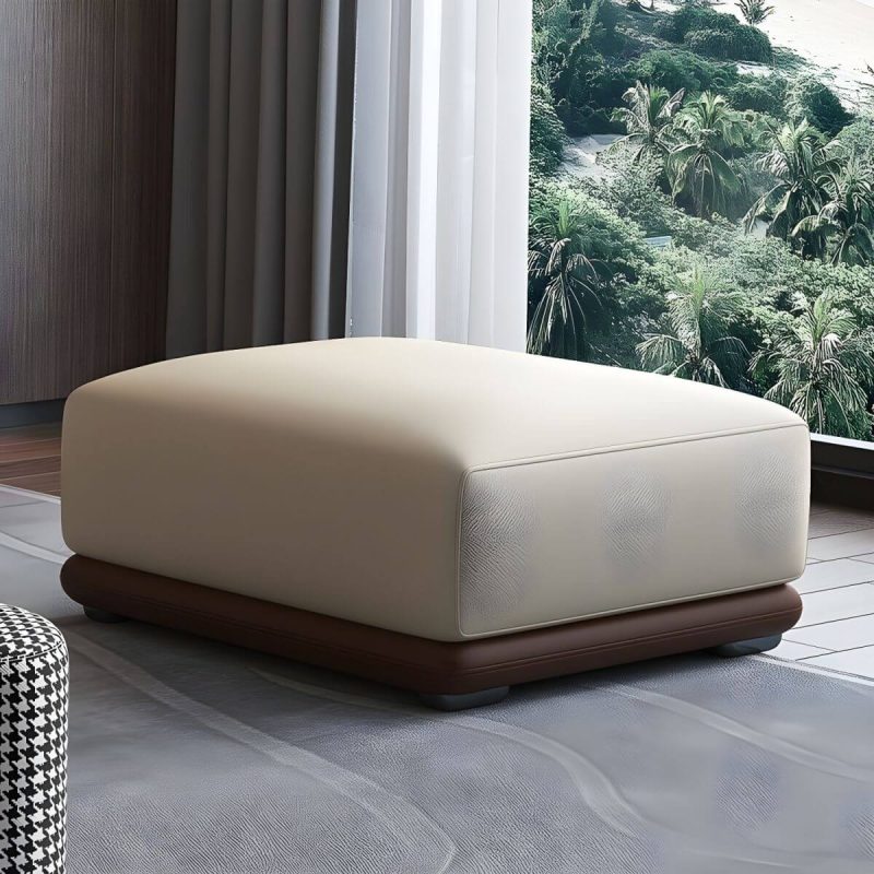 "Genuine Leather Foot Stool in Solid Wood Contemporary Style Indoor - 1 Piece Beige/Brown 24"L x 24"W x 16"H"