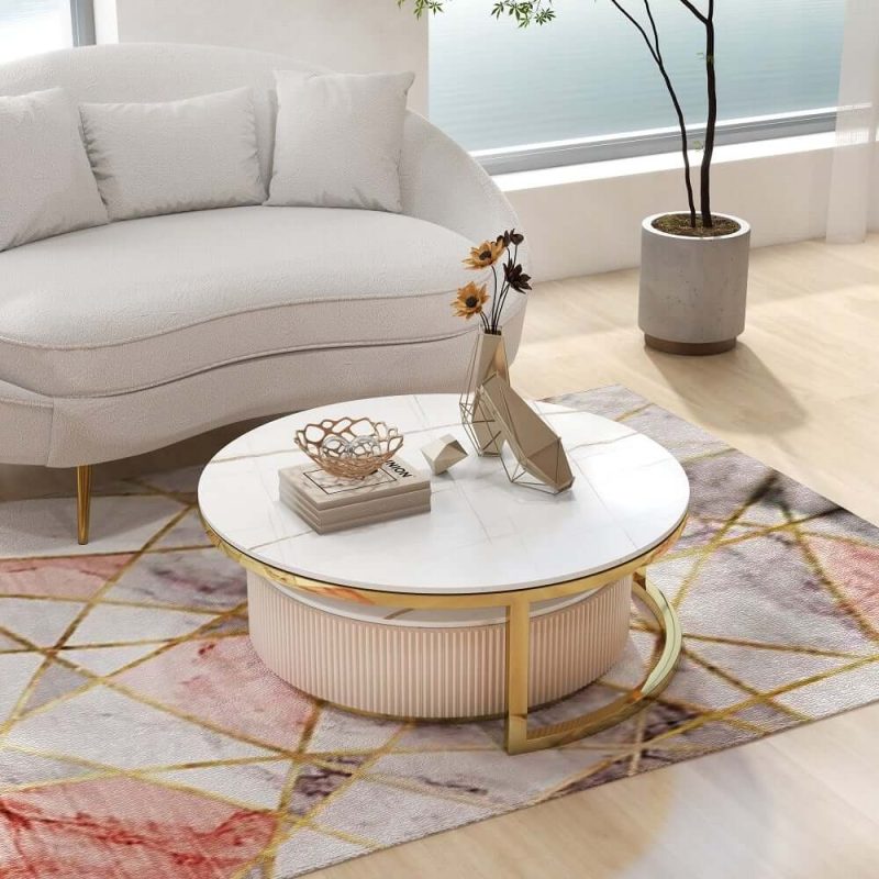 "Round 2-Piece Nesting Set Sintered Stone Top Beige Coffee Table with Drawer"