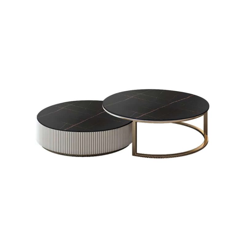 "Set of 2 Round Sintered Stone Top Nesting Coffee Table with Drawer Black & Gold"
