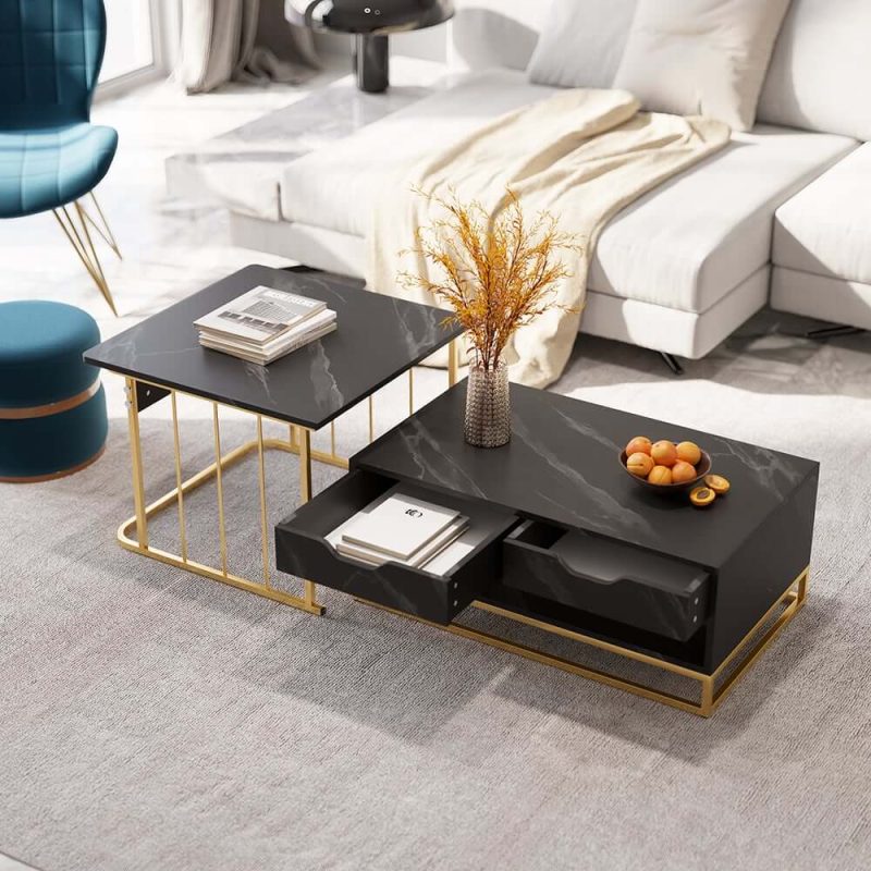 "Modern Nesting Coffee Table Set of 2 in Black with Drawers & Shelves"