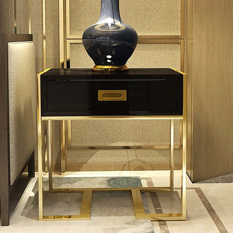 "Jocise Modern Black Wooden End Table with 1 Drawer & Golden Double Pedestal"
