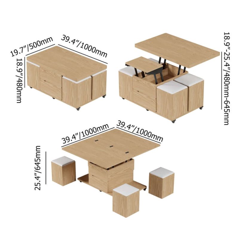 "Dimension of 39" Lift-Top Foldable Natural Coffee Table with 4 Stools & Storage"
