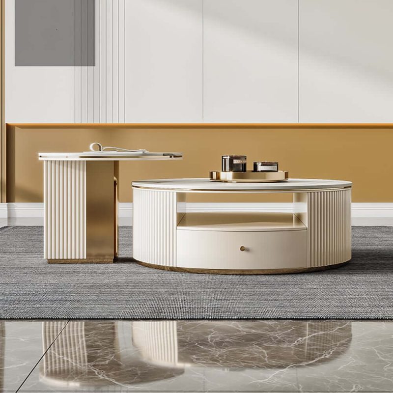 "Mytures Modern Round Nesting Coffee Table with Storage White Sintered Stone Set of 2"