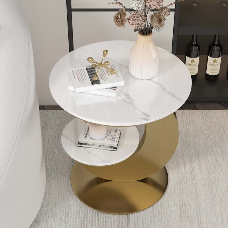 "20" Round Sintered Stone 2-Tier Gold Moon-Shaped Side Table"