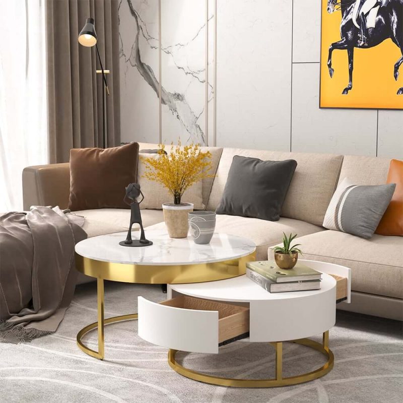 "Nesnesis Modern Round Sintered Stone Nesting Wood Coffee Table with Drawers in White"