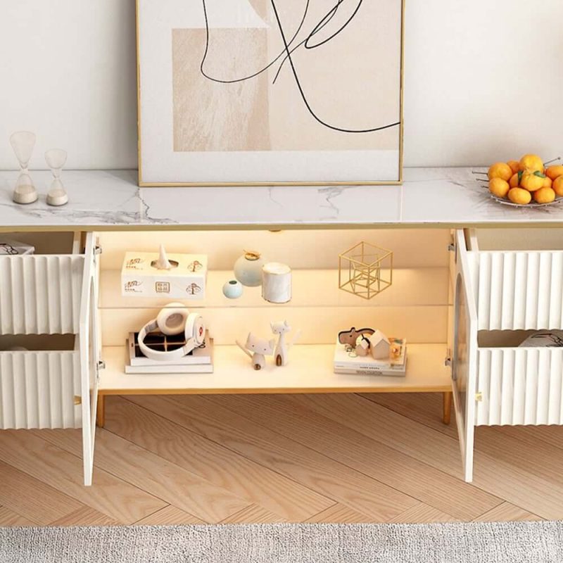 "80" White Glass Door Fluted Stone TV Stand Wood Media Cabinet for 85" TV with Drawers"