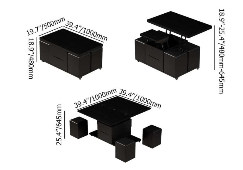 "Dimension of 39" Lift-Top Foldable Coffee Table with 4 Stools & Storage"
