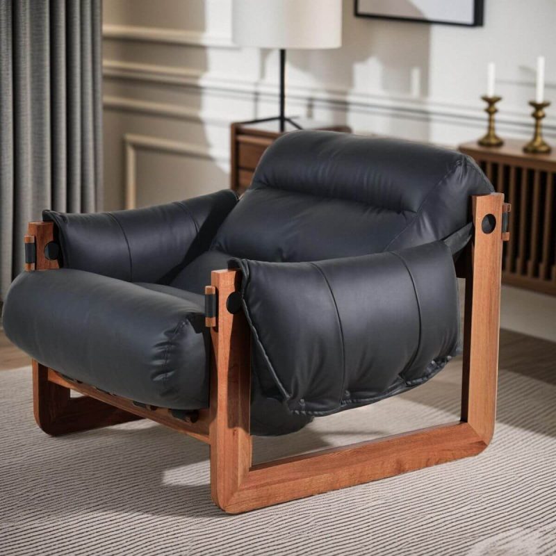 "Simple Solid Color Arm Chair in Ink with Sewn Pillow Back, Removable Cushions, and Armrest, Black, Oiled Leather, Walnut, 37"L x 38"W x 27"H"
