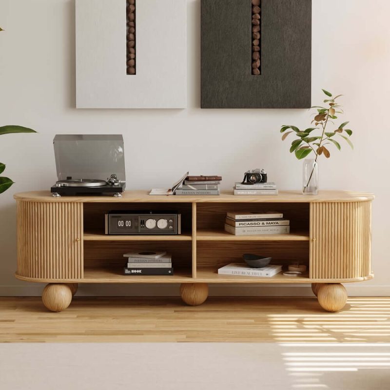 "Stria 47" Oval Natural Solid Wood Fluted Coffee Table with Storage 71" Ash Wood TV Stand"