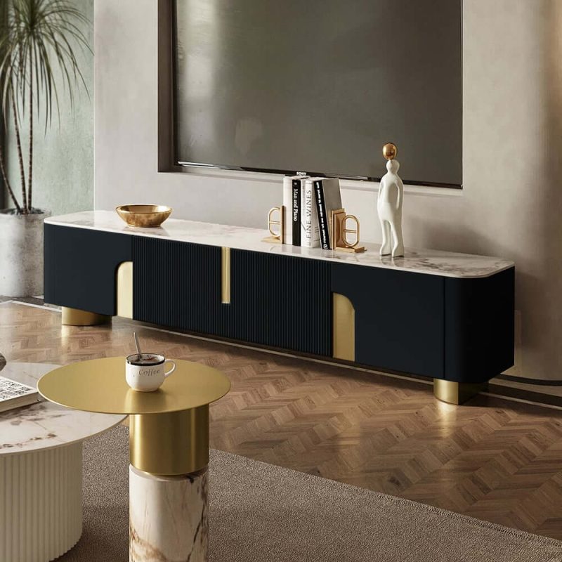 "Artus Modern Black TV Stand Stone Top 4 Doors with Storage Media Console TVs up to 85""