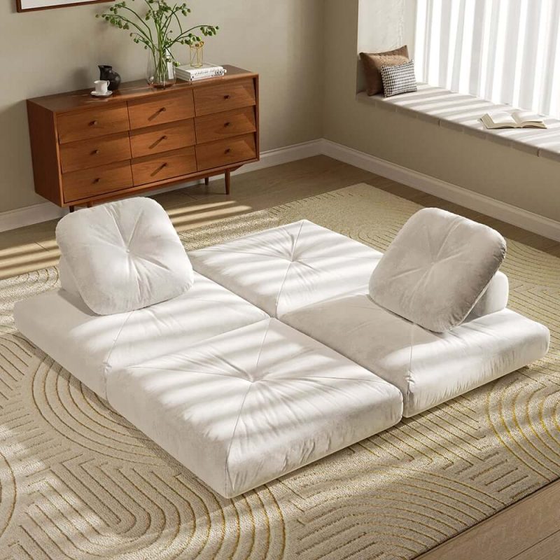 "White Cloud Modular Sectional Convertible 3-Seater Sofa Velvet Upholstered with Pillows"