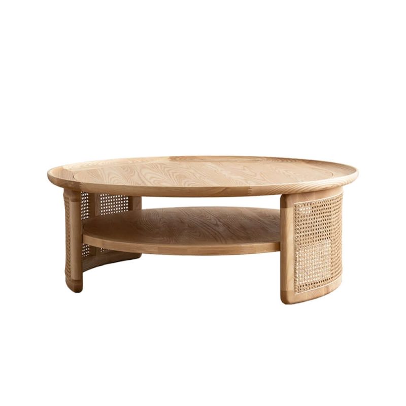 "2-Tiered Japandi Round Wood Coffee Table with Rattan Base"