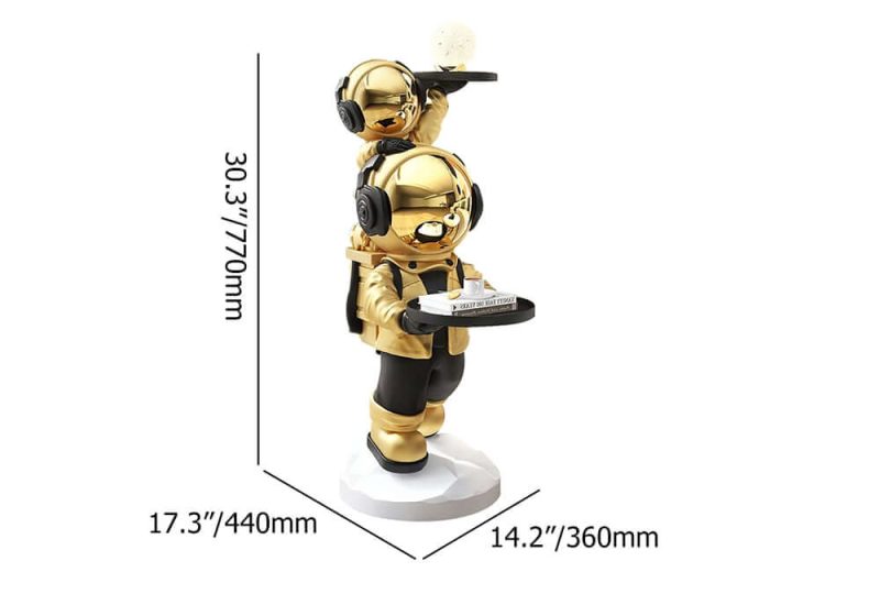"Dimension of Astronaut Resin Figurine Gold Side Table with Tray Top"