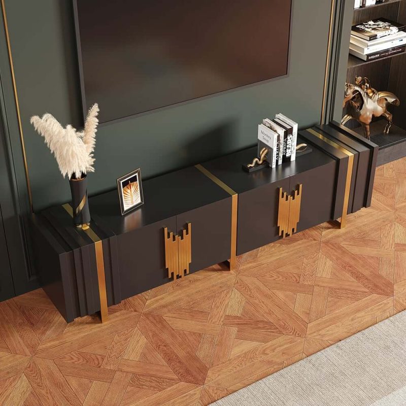 "Aurea 78.7" Light Luxury TV Stand Black Rectangular with 4 Doors & 2 Shelves in Gold"