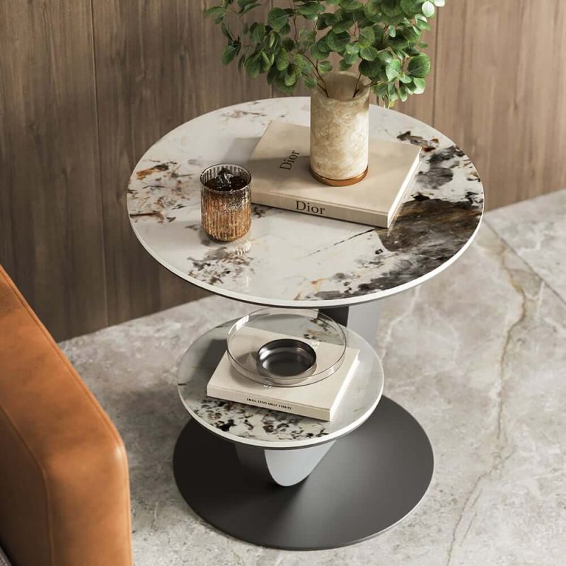 "20" Round Sintered Stone 2-Tier Moon-Shaped Side Table"