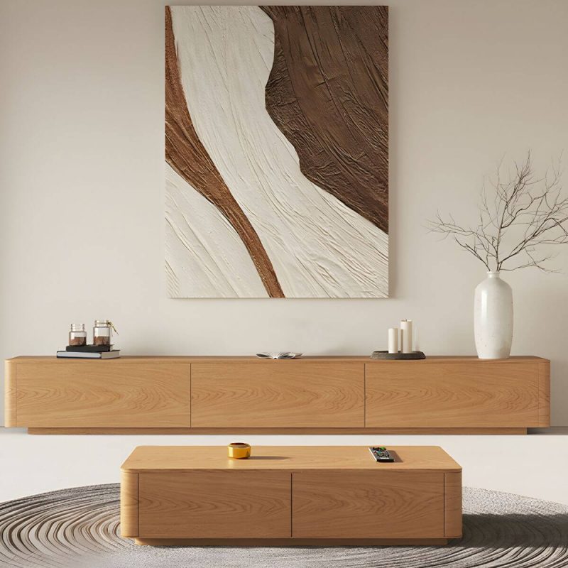 "Natural Engineered Wood TV Console Modern Cable Management Media Console - 71"L x 16"W x 14"H"